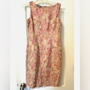 Linen Embroidered Size 6 Medium Sleeveless dress tan pink dress floral